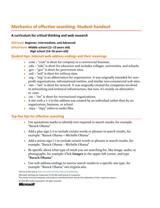 Mechanics of effective searching: Student handout
A curriculum for critical thinking and web research
Skill level: Beginner, Intermediate, and Advanced
School level: Middle school (11–13 years old)
                High school (14–18 years old)
Student tips: Internet web address endings and their meanings
          ♦    .com – “com” is short for company or a commercial business.
          ♦    .edu – “edu” is short for education and includes colleges, universities, and schools.
          ♦    .gov – “gov” is short for government sites.
          ♦    .mil – “mil” is short for military sites.
          ♦    .org – “org” is an abbreviation for organization. It was originally intended for non-
               profit organizations, informational entities, and similar non-commercial web sites.
          ♦    .net – “net” is short for network. It was originally created for companies involved
               in networking and technical infrastructure, but now, it’s mostly an alternative
               to .com.
          ♦    .int – “int” is short for international organizations.
          ♦    A site with a (~) in the address was created by an individual rather than by an
               organization, business, or school.
          ♦    .mp3 – “mp3” refers to audio files.

Top five tips for effective searching
          ♦    Use quotations marks to identify text required in search results, for example:
               “Barack Obama”
          ♦    Add a plus sign (+) to include certain words or phrases in search results, for
               example: “Barack Obama + Michelle Obama”
          ♦    Add a minus sign (-) to exclude certain words or phrases in search results, for
               example, “Barack Obama – Michelle Obama”
          ♦    Be specific about what type of result you are searching for, like image, audio, or
               photographs, for example: Click Images in the upper-left corner, and type
               “Barack Obama”
          ♦    Use web address endings to narrow search results to a specific site type, for
               example: “Barack Obama” site:virginia.edu.
     Visit us on the web at www.microsoft.com/education/criticalthinking.
     Microsoft and Bing are trademarks of the Microsoft group of companies.
     The names of actual companies and products mentioned herein may be the trademarks of their respective owners.
     © 2010 Microsoft Corporation. All rights reserved.
 