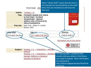 Status "Check Shelf" means that the item is not checked out and should be on the shelf. Items that are checked out will show the date due.The Call Number  combined with location tells you where in the library your book is located.  More information can be found at http://library.edgewood.edu/help/find-book.htm