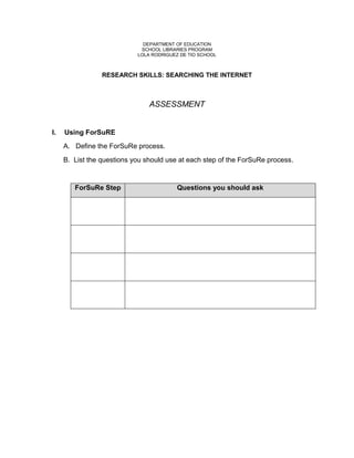 DEPARTMENT OF EDUCATION
                             SCHOOL LIBRARIES PROGRAM
                            LOLA RODRIGUEZ DE TIO SCHOOL



                 RESEARCH SKILLS: SEARCHING THE INTERNET



                                ASSESSMENT


I.   Using ForSuRE
     A. Define the ForSuRe process.
     B. List the questions you should use at each step of the ForSuRe process.



        ForSuRe Step                      Questions you should ask
 
