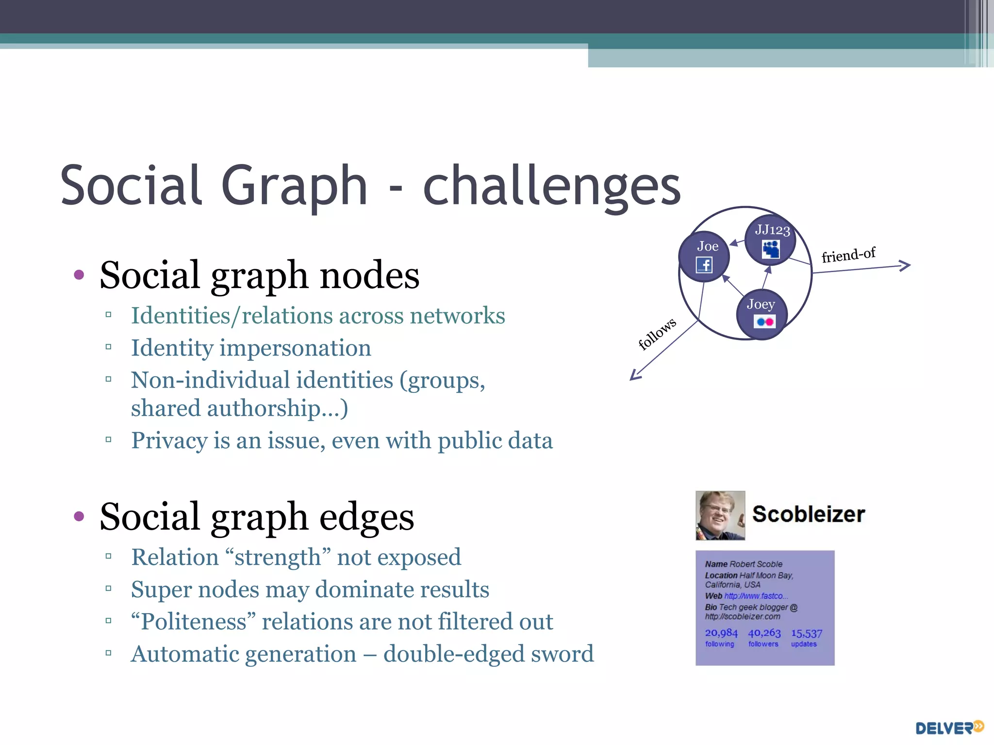 Social Graph - challenges Social graph nodes Identities/relations across networks Identity impersonation Non-individual identities (groups,  shared authorship…) Privacy is an issue, even with public data Social graph edges Relation “strength” not exposed Super nodes may dominate results “ Politeness” relations are not filtered out Automatic generation – double-edged sword Joe friend-of follows friend-of follows Joe JJ123 Joey 