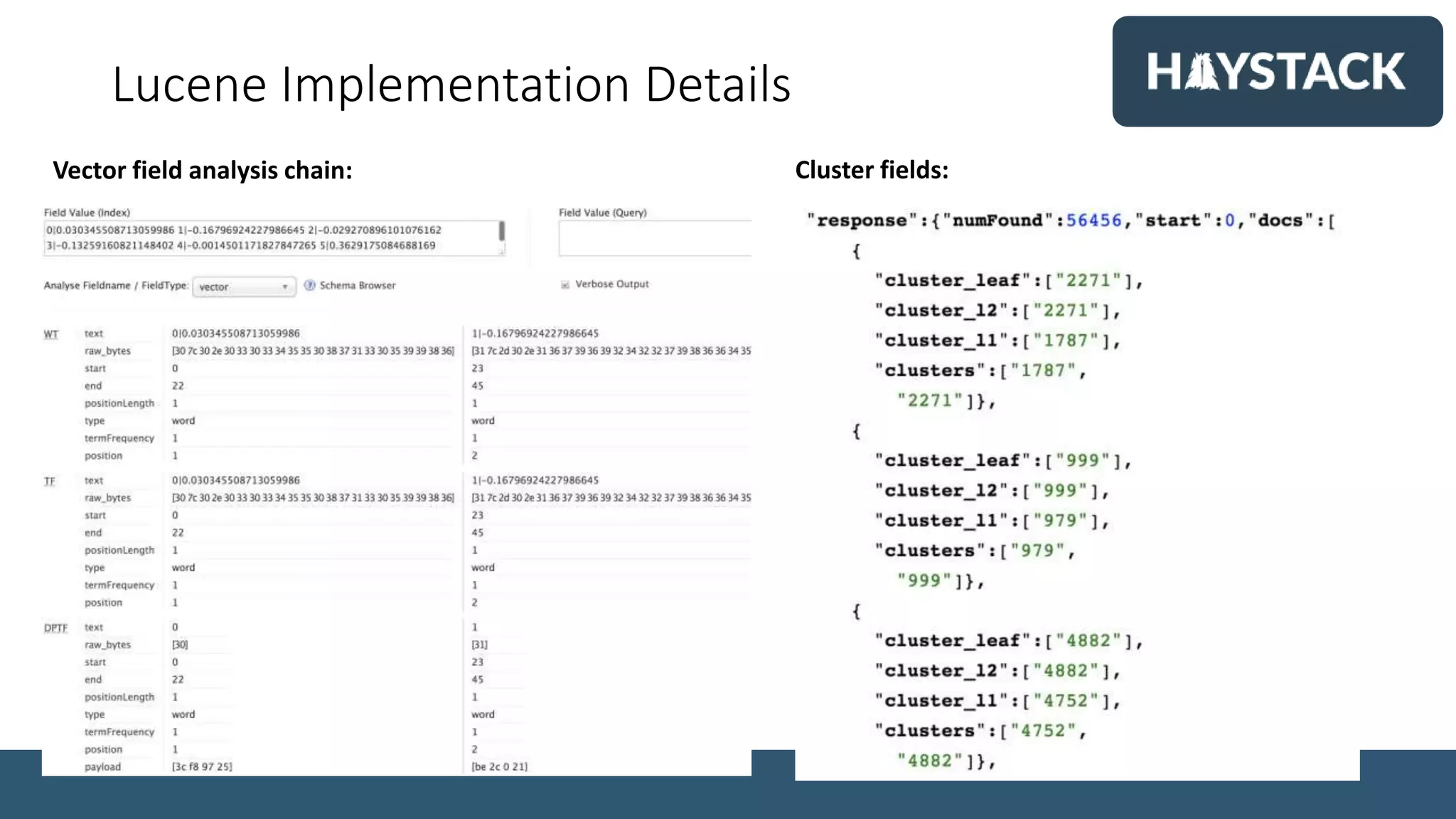 Lucene Implementation Details
Vector field analysis chain: Cluster fields:
 
