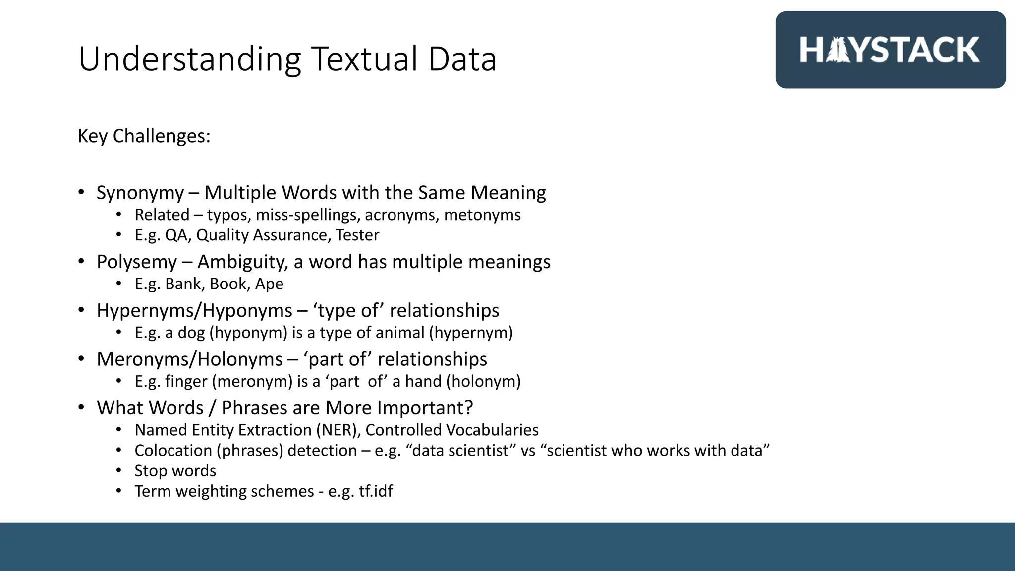 Understanding Textual Data
Key Challenges:
• Synonymy – Multiple Words with the Same Meaning
• Related – typos, miss-spellings, acronyms, metonyms
• E.g. QA, Quality Assurance, Tester
• Polysemy – Ambiguity, a word has multiple meanings
• E.g. Bank, Book, Ape
• Hypernyms/Hyponyms – ‘type of’ relationships
• E.g. a dog (hyponym) is a type of animal (hypernym)
• Meronyms/Holonyms – ‘part of’ relationships
• E.g. finger (meronym) is a ‘part of’ a hand (holonym)
• What Words / Phrases are More Important?
• Named Entity Extraction (NER), Controlled Vocabularies
• Colocation (phrases) detection – e.g. “data scientist” vs “scientist who works with data”
• Stop words
• Term weighting schemes - e.g. tf.idf
 