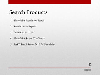 Search Products
1. SharePoint Foundation Search

2. Search Server Express

3. Search Server 2010

4. SharePoint Server 2010 Search

5. FAST Search Server 2010 for SharePoint




                                                  2
                                            4/22/2012
 