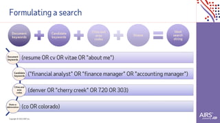 Copyright © 2021ADP, Inc.
Formulating a search
Document
keywords
Candidate
keywords
Cites and
area
codes
States
Ideal
search
string
(resume OR cv OR vitae OR "about me")
("financial analyst" OR "finance manager" OR "accounting manager")
(denver OR "cherry creek" OR 720 OR 303)
(co OR colorado)
Document
keywords
Candidate
keywords
Cities and
area
codes
State or
abbreviation
 