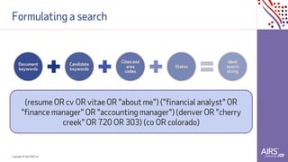 Copyright © 2021ADP, Inc.
Formulating a search
(resume OR cv OR vitae OR "about me") ("financial analyst" OR
"finance manager" OR "accounting manager") (denver OR "cherry
creek" OR 720 OR 303) (co OR colorado)
Document
keywords
Candidate
keywords
Cites and
area
codes
States
Ideal
search
string
 