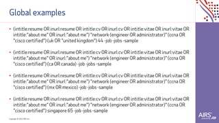 Copyright © 2021ADP, Inc.
Global examples
• (intitle:resume OR inurl:resume OR intitle:cv OR inurl:cv OR intitle:vitae OR inurl:vitae OR
intitle:"about me" OR inurl:"about me") "network (engineer OR administrator)" (ccna OR
"cisco certified") (uk OR "united kingdom") 44 -job -jobs -sample
• (intitle:resume OR inurl:resume OR intitle:cv OR inurl:cv OR intitle:vitae OR inurl:vitae OR
intitle:"about me" OR inurl:"about me") "network (engineer OR administrator)" (ccna OR
"cisco certified") (ca OR canada) -job -jobs -sample
• (intitle:resume OR inurl:resume OR intitle:cv OR inurl:cv OR intitle:vitae OR inurl:vitae OR
intitle:"about me" OR inurl:"about me") "network (engineer OR administrator)" (ccna OR
"cisco certified") (mx OR mexico) -job -jobs -sample
• (intitle:resume OR inurl:resume OR intitle:cv OR inurl:cv OR intitle:vitae OR inurl:vitae OR
intitle:"about me" OR inurl:"about me") "network (engineer OR administrator)" (ccna OR
"cisco certified") singapore 65 -job -jobs -sample
 