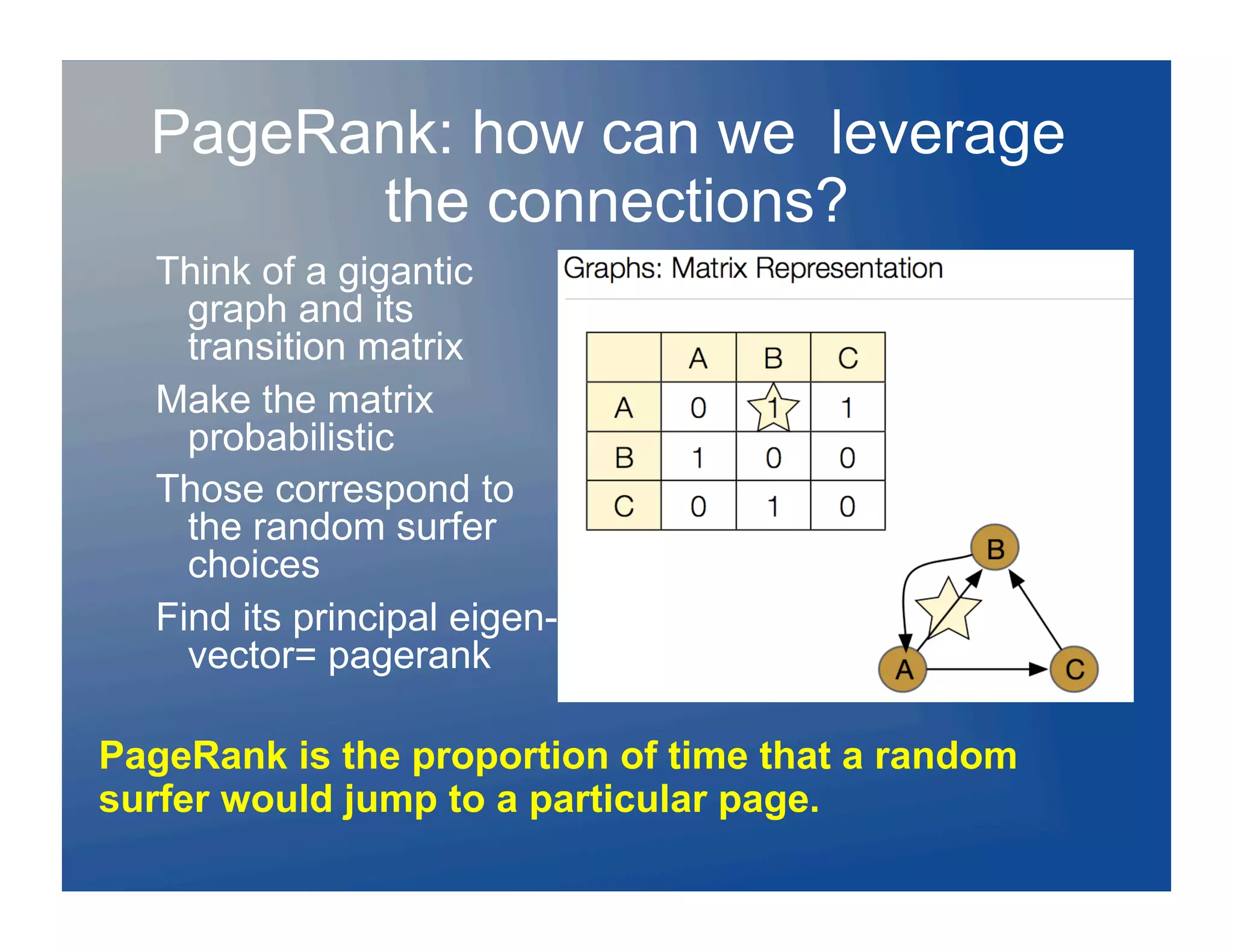 PageRank: how can we leverage
        the connections?
  Think of a gigantic
    graph and its
    transition matrix
  Make the matrix
    probabilistic
  Those correspond to
    the random surfer
    choices
  Find its principal eigen-
    vector= pagerank

PageRank is the proportion of time that a random
surfer would jump to a particular page.
 