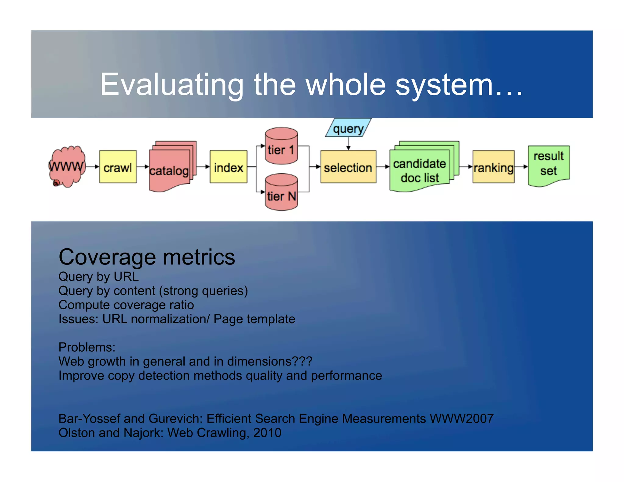 Evaluating the whole system…
     Relevance metrics not based on users
      experiences or tasks
     SCoCveCoverCome attempts: Co

Coverage metrics
Query by URL
Query by content (strong queries)
Compute coverage ratio
Issues: URL normalization/ Page template

Problems:
Web growth in general and in dimensions???
Improve copy detection methods quality and performance


Bar-Yossef and Gurevich: Efficient Search Engine Measurements WWW2007
Olston and Najork: Web Crawling, 2010
 