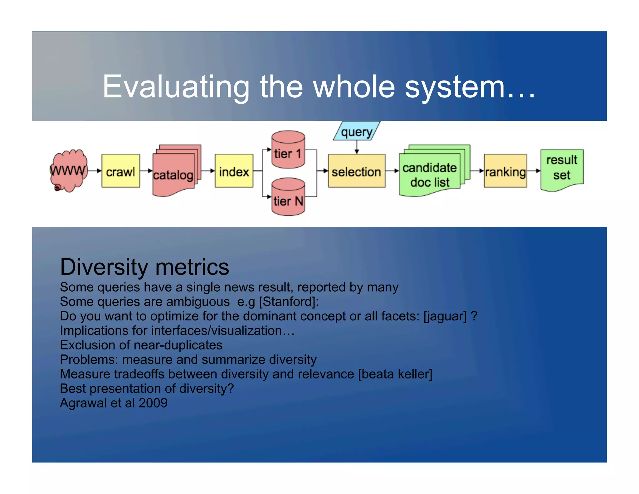 Evaluating the whole system…
     Relevance metrics not based on users
      experiences or tasks
     SCoCveCoverCome attempts: Co

Diversity metrics
Some queries have a single news result, reported by many
Some queries are ambiguous e.g [Stanford]:
Do you want to optimize for the dominant concept or all facets: [jaguar] ?
Implications for interfaces/visualization…
Exclusion of near-duplicates
Problems: measure and summarize diversity
Measure tradeoffs between diversity and relevance [beata keller]
Best presentation of diversity?
Agrawal et al 2009
 