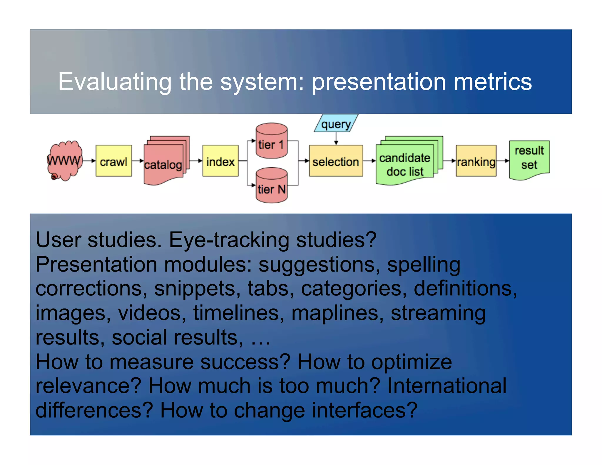 Evaluating the system: presentation metrics

     Relevance metrics not based on users
      experiences or tasks
     SCoCveCoverCome attempts: Co

User studies. Eye-tracking studies?
Presentation modules: suggestions, spelling
corrections, snippets, tabs, categories, definitions,
images, videos, timelines, maplines, streaming
results, social results, …
How to measure success? How to optimize
relevance? How much is too much? International
differences? How to change interfaces?
 
