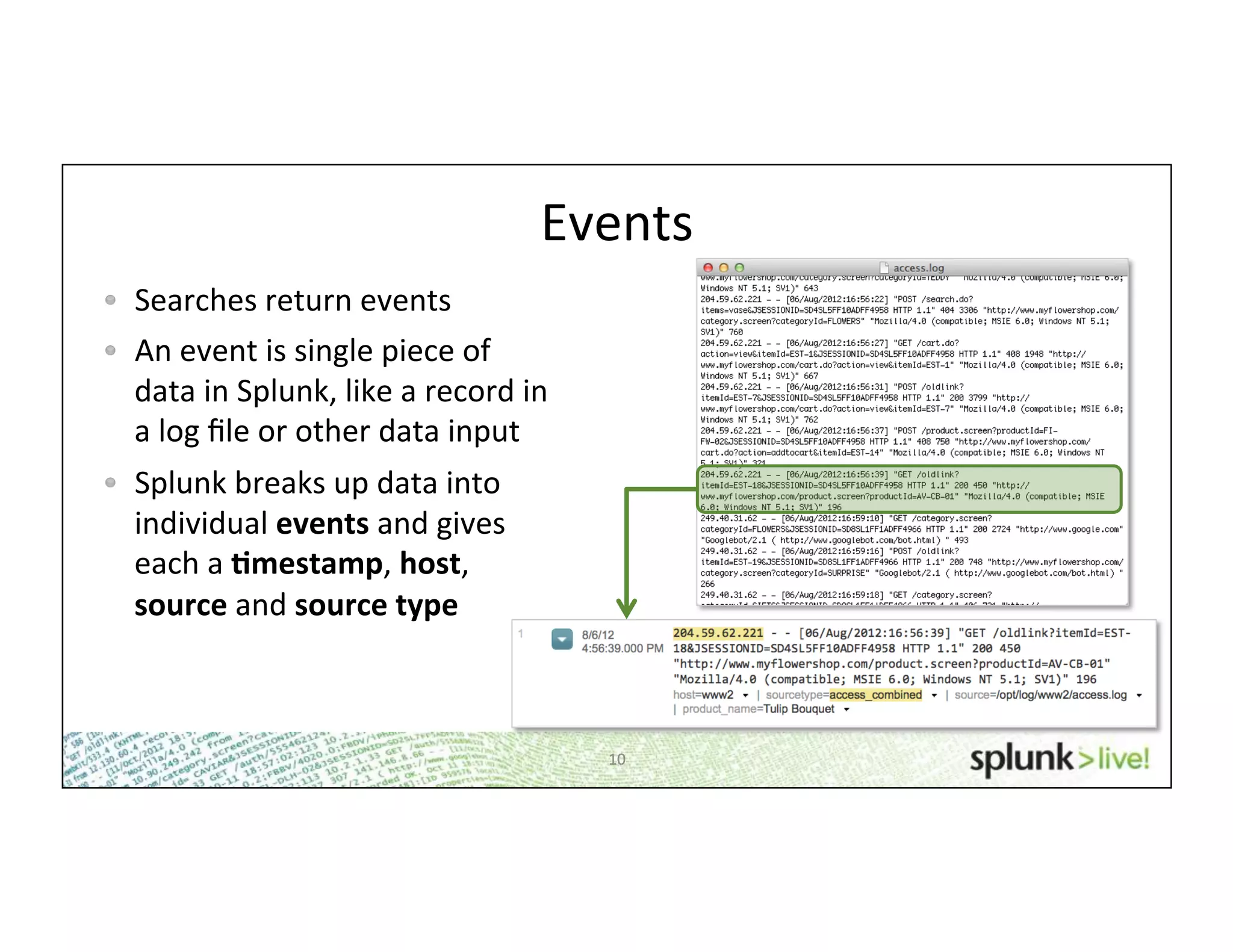 10	
  
Events	
  
!   Searches	
  return	
  events	
  
!   An	
  event	
  is	
  single	
  piece	
  of	
  
data	
  in	
  Splunk,	
  like	
  a	
  record	
  in	
  
a	
  log	
  ﬁle	
  or	
  other	
  data	
  input	
  
!   Splunk	
  breaks	
  up	
  data	
  into	
  
individual	
  events	
  and	
  gives	
  
each	
  a	
  *mestamp,	
  host,	
  
source	
  and	
  source	
  type	
  
10	
  
 