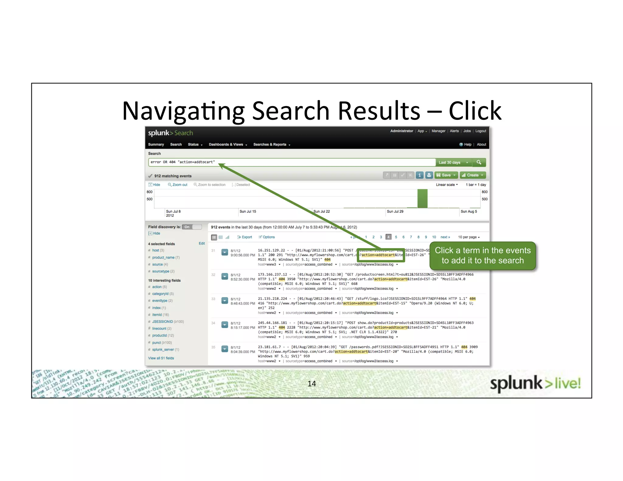 14	
  
NavigaHng	
  Search	
  Results	
  –	
  Click	
  
Click a term in the events
to add it to the search
 
