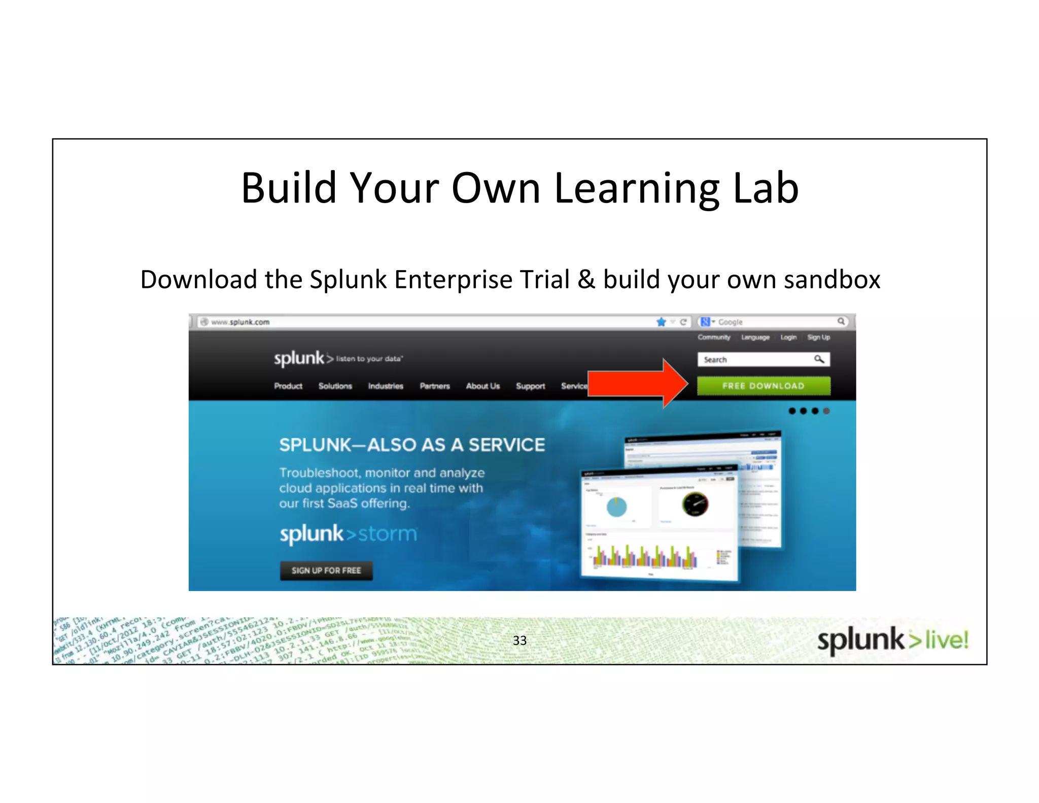 Build	
  Your	
  Own	
  Learning	
  Lab	
  
33	
  
Download	
  the	
  Splunk	
  Enterprise	
  Trial	
  &	
  build	
  your	
  own	
  sandbox	
  
 