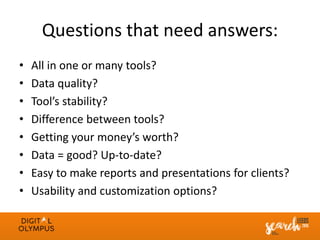 Questions that need answers:
• All in one or many tools?
• Data quality?
• Tool’s stability?
• Difference between tools?
• Getting your money’s worth?
• Data = good? Up-to-date?
• Easy to make reports and presentations for clients?
• Usability and customization options?
 