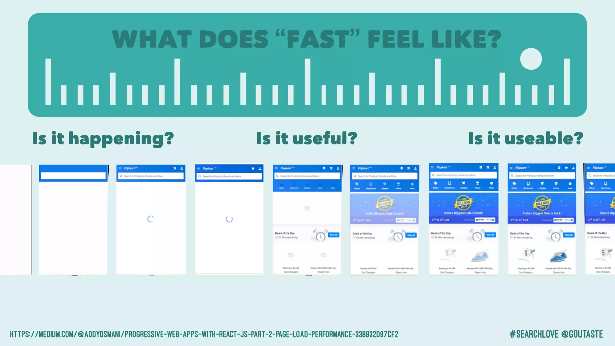 #searchlove @goutaste
Is it happening? Is it useful? Is it useable?
https://medium.com/@addyosmani/progressive-web-apps-with-react-js-part-2-page-load-performance-33b932d97cf2
WHAT DOES “FAST” FEEL LIKE?
 