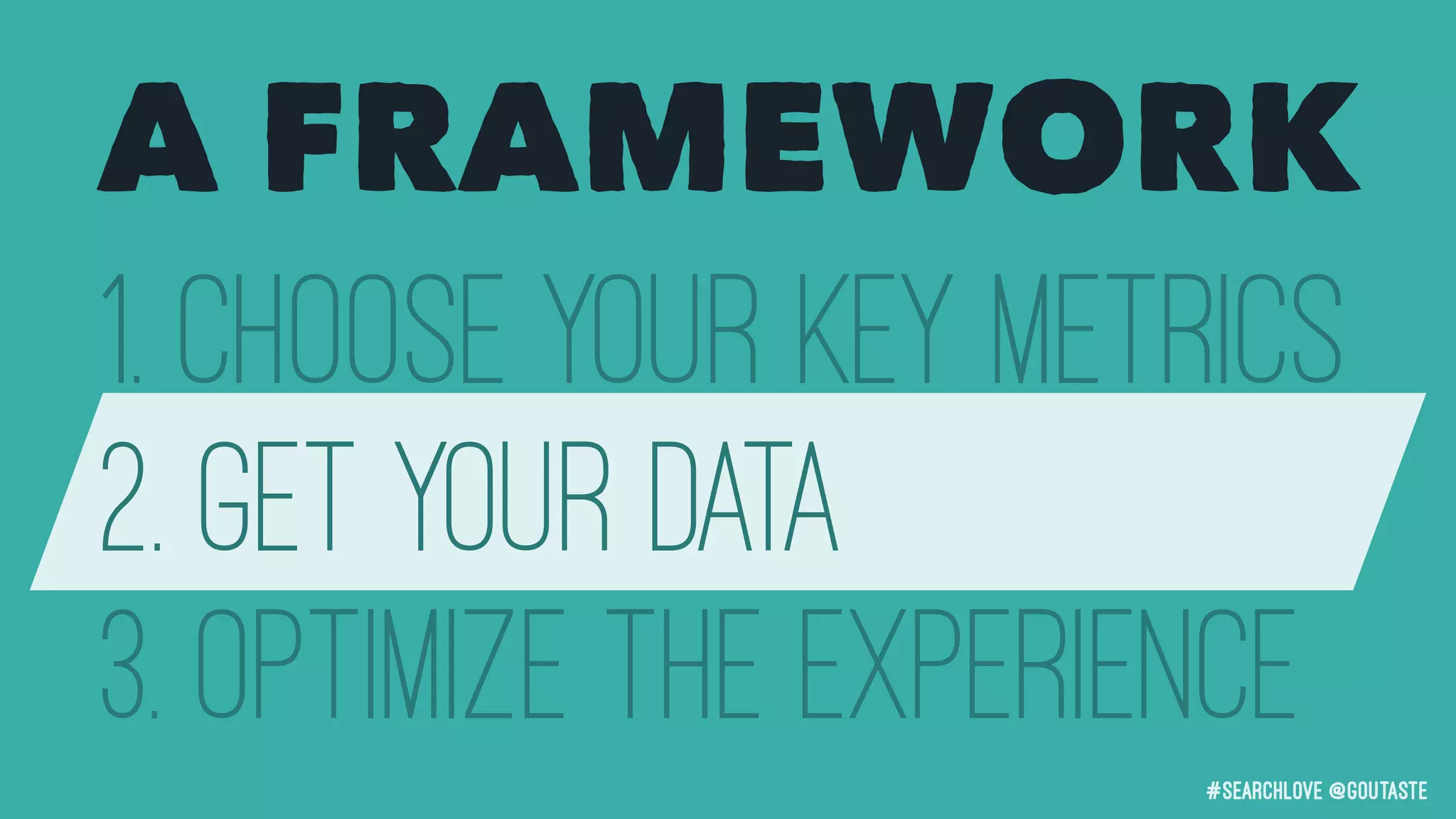 #searchLove @goutaste
1. Choose your Key Metrics
2. Get your data
3. Optimize the Experience
A FRAMEWORK
 