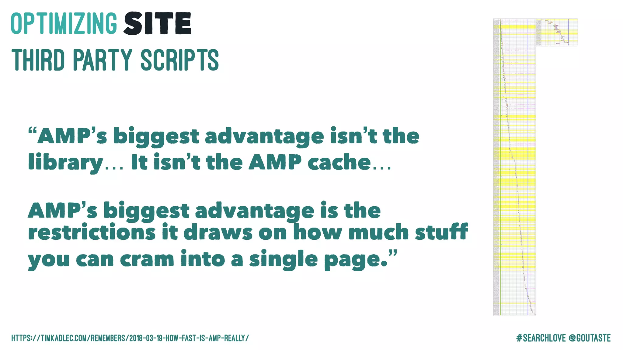 #Searchlove @goutaste
OPTIMIzINGSITE
Third Party SCRIPTS
“AMP’s biggest advantage isn’t the
library… It isn’t the AMP cache…
AMP’s biggest advantage is the
restrictions it draws on how much stuff
you can cram into a single page.”
https://timkadlec.com/remembers/2018-03-19-how-fast-is-amp-really/
 