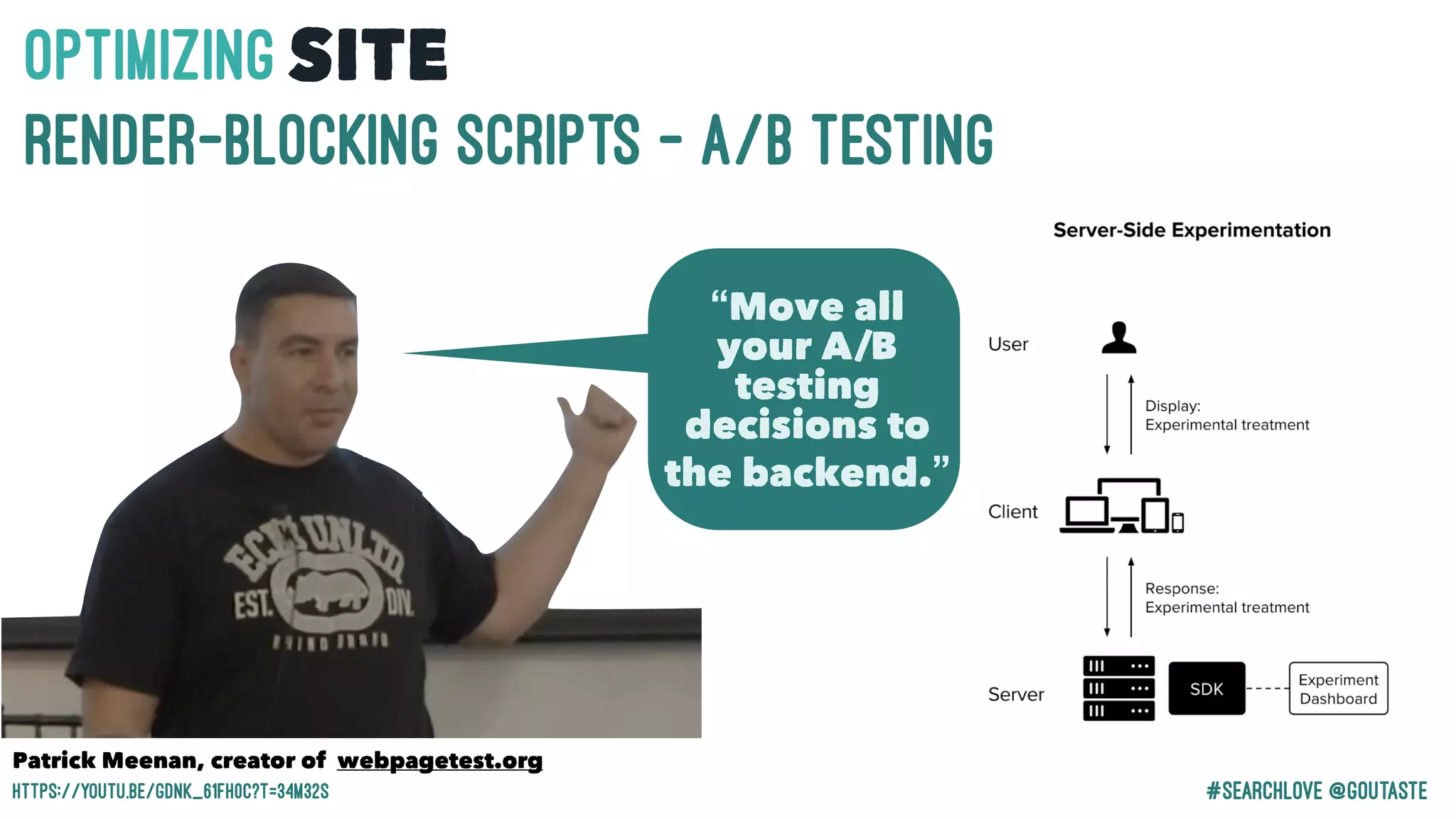 #Searchlove @goutaste
OPTIMIzINGSITE
RENDER-BLOCKING SCRIPTS - A/B Testing
“Move all
your A/B
testing
decisions to
the backend.”
Patrick Meenan, creator of webpagetest.org
https://youtu.be/gDNK_61Fh0c?t=34m32s
 