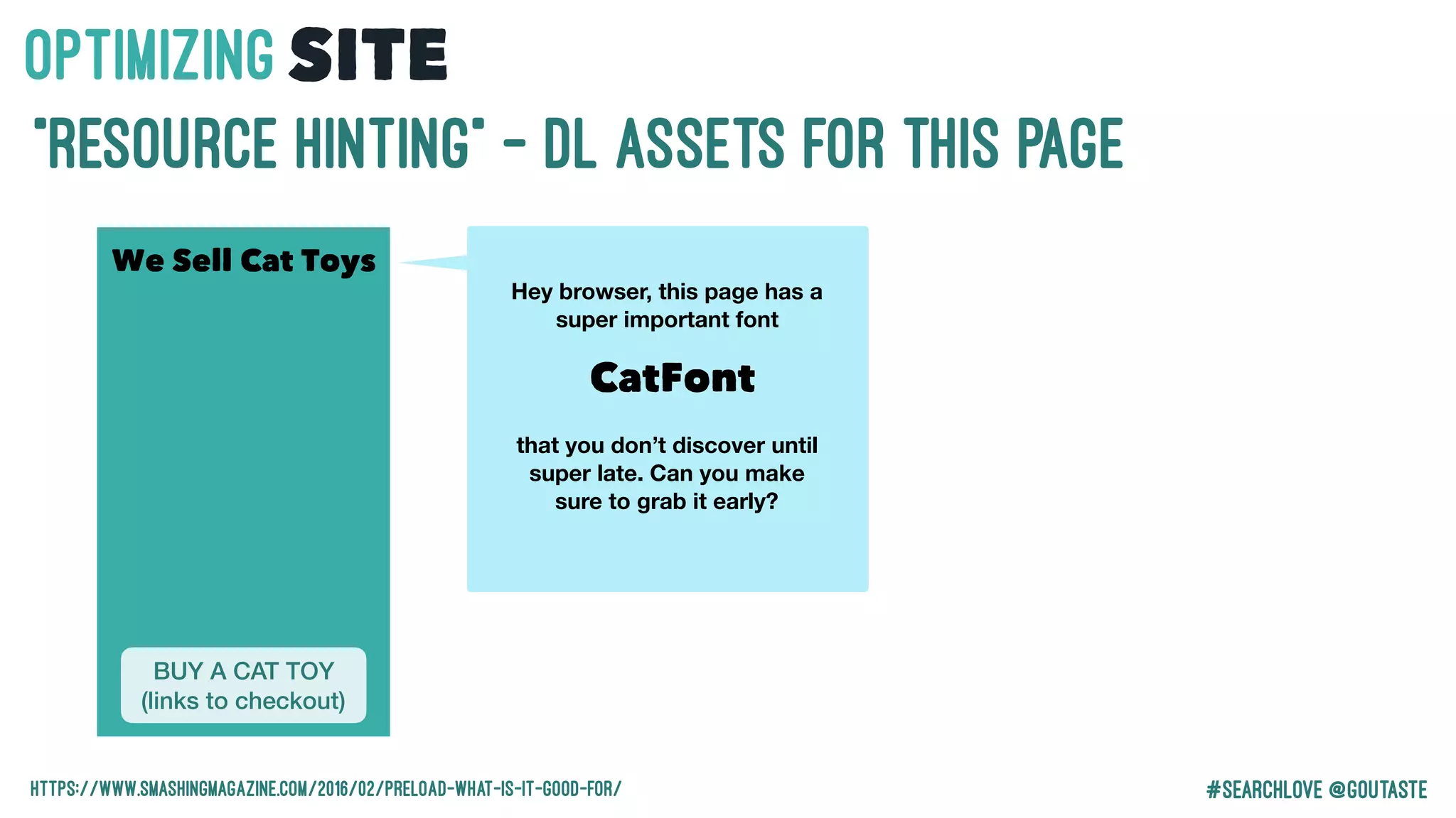 #Searchlove @goutaste
“Resource Hinting” - DL Assets for this page
BUY A CAT TOY
(links to checkout)
We Sell Cat Toys
Hey browser, this page has a
super important font
CatFont
that you don’t discover until
super late. Can you make
sure to grab it early?
OPTIMIzINGSITE
https://www.smashingmagazine.com/2016/02/preload-what-is-it-good-for/
 
