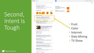 @aaronfriedman
• Fruit
• Color
• Internet
• Data Mining
• TV Show
Second,
Intent Is
Tough
 