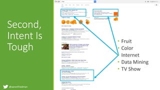 @aaronfriedman
• Fruit
• Color
• Internet
• Data Mining
• TV Show
Second,
Intent Is
Tough
 