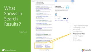 @aaronfriedman
• Corporate Homepage
• Knowledge Graph
• Wikipedia
• Social Profiles
• Related Searches
• Search Suggest
• News
• Review Sites
What
Shows In
Search
Results?
- Hedge Funds
 