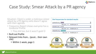 @aaronfriedman
Case Study: Smear Attack by a PR agency
Situation: Client is under a malicious smear
attack by a PR Agency who doesn’t agree
with their agenda.
• Frequency Report shows everyone has a
Guidestar Profile
• They did too, but it wasn’t gold 
• Built out Profile
• Relevant links from… (pssst… their own
site)
• Within 1 week, page 1
 