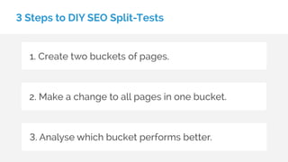 3 Steps to DIY SEO Split-Tests
1. Create two buckets of pages.
2. Make a change to all pages in one bucket.
3. Analyse which bucket performs better.
 