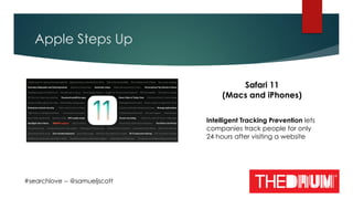 Apple Steps Up
#searchlove -- @samueljscott
Safari 11 
(Macs and iPhones)
 
Intelligent Tracking Prevention lets 
companie...