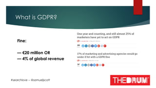 What is GDPR?
#searchlove -- @samueljscott
Fine: 
 
— €20 million OR 
— 4% of global revenue
 