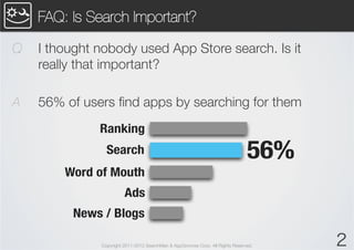 FAQ: Is Search Important?

Q   I thought nobody used App Store search. Is it
    really that important?

A   56% of users ...