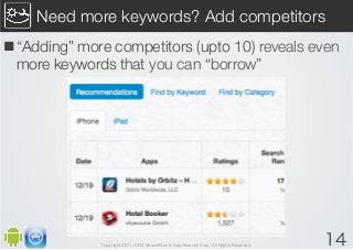 Need more keywords? Add competitors
n “Adding” more competitors (upto 10) reveals even
   more keywords that you can “bor...
