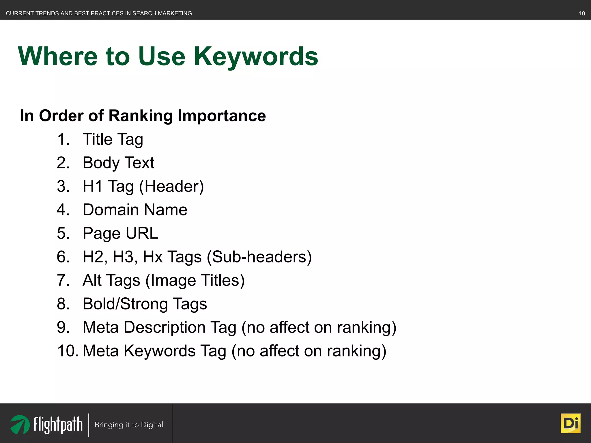 Where to Use Keywords In Order of Ranking Importance Title Tag Body Text H1 Tag (Header) Domain Name Page URL H2, H3, Hx Tags (Sub-headers) Alt Tags (Image Titles) Bold/Strong Tags Meta Description Tag (no affect on ranking) Meta Keywords Tag (no affect on ranking) 