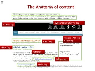 The Anatomy of content


                                        <Meta “Description”> Tag
  <Title> Tag




                                                 Images - ALT Tag
                             <H1> Tag            / Naming

<H2> Tag
                  <Strong>


                                         Anchor text

                      <H3> Tag
 