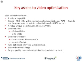 Key assets to video optimisation
Each video should have...
• A unique page/URL
• Simple HTML + the video element, no flash navigation or AJAX – if we do
   use these we must be able to call an independent URL for each
• A FIXED unique identifying number... 567XP56
• Unique name:
    – <Title></Title>
    – <H1></H1>
• Unique description:
    – <meta name=“description”>
    – <body></body>
• Fully optimised entry in a video sitemap.
• 60x80 Thumbnail image
• Be grouped by type and cross-linked to associated content
 