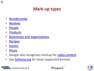 Mark-up types

•   Breadcrumbs
•   Reviews
•   People
•   Products
•   Businesses and organizations
•   Recipes
•   Events
•   Music
•   Google also recognizes markup for video content
•   See Schema.org for more supported formats
 