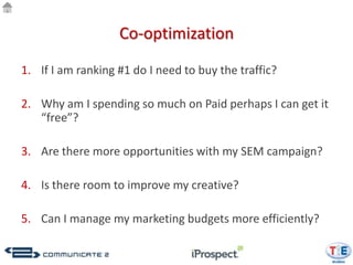 Co-optimization

1. If I am ranking #1 do I need to buy the traffic?

2. Why am I spending so much on Paid perhaps I can get it
   “free”?

3. Are there more opportunities with my SEM campaign?

4. Is there room to improve my creative?

5. Can I manage my marketing budgets more efficiently?
 