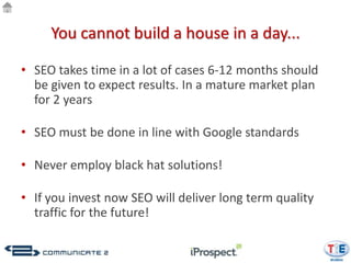 You cannot build a house in a day...

• SEO takes time in a lot of cases 6-12 months should
  be given to expect results. In a mature market plan
  for 2 years

• SEO must be done in line with Google standards

• Never employ black hat solutions!

• If you invest now SEO will deliver long term quality
  traffic for the future!
 