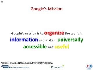 Google’s Mission




         Google’s mission is to organize the world‘s
        information and make it universally
             accessible and useful.

*Source: www.google.com/about/corporate/company/
 