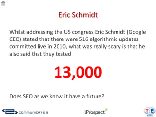 Eric Schmidt

Whilst addressing the US congress Eric Schmidt (Google
CEO) stated that there were 516 algorithmic updates
committed live in 2010, what was really scary is that he
also said that they tested


                  13,000
Does SEO as we know it have a future?
 