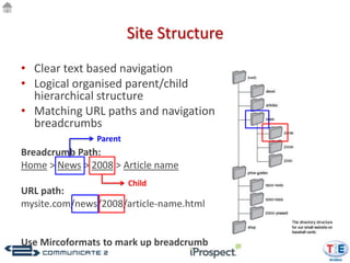 Site Structure
• Clear text based navigation
• Logical organised parent/child
  hierarchical structure
• Matching URL paths and navigation
  breadcrumbs
               Parent
Breadcrumb Path:
Home > News > 2008 > Article name
                        Child
URL path:
mysite.com/news/2008/article-name.html


Use Mircoformats to mark up breadcrumb
 