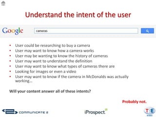 Understand the intent of the user


•   User could be researching to buy a camera
•   User may want to know how a camera works
•   User may be wanting to know the history of cameras
•   User may want to understand the definition
•   User may want to know what types of cameras there are
•   Looking for images or even a video
•   User may want to know if the camera in McDonalds was actually
    working…

Will your content answer all of these intents?

                                                             Probably not.
 