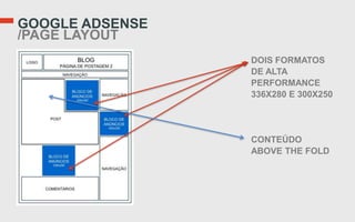 GOOGLE ADSENSE
/PAGE LAYOUT
                 DOIS FORMATOS
                 DE ALTA
                 PERFORMANCE
                 336X280 E 300X250




                 CONTEÚDO
                 ABOVE THE FOLD
 