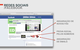 REDES SOCIAIS
/FACEBOOK



                ANGARIAÇÃO DE
                NOVOS FÃS


                PROVA SOCIAL
                PELOS NÚMEROS

                ANGARIAÇÃO
                DE EMAILS
 