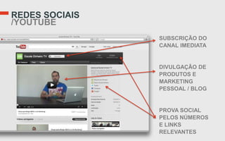 REDES SOCIAIS
/YOUTUBE
                SUBSCRIÇÃO DO
                CANAL IMEDIATA


                DIVULGAÇÃO DE
                PRODUTOS E
                MARKETING
                PESSOAL / BLOG


                PROVA SOCIAL
                PELOS NÚMEROS
                E LINKS
                RELEVANTES
 