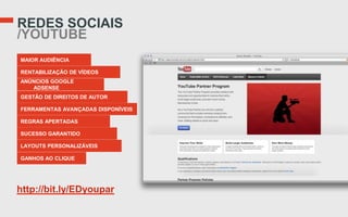 REDES SOCIAIS
/YOUTUBE
MAIOR AUDIÊNCIA

RENTABILIZAÇÃO DE VÍDEOS
ANÚNCIOS GOOGLE
   ADSENSE
GESTÃO DE DIREITOS DE AUTOR

FERRAMENTAS AVANÇADAS DISPONÍVEIS

REGRAS APERTADAS

SUCESSO GARANTIDO

LAYOUTS PERSONALIZÁVEIS

GANHOS AO CLIQUE




http://bit.ly/EDyoupar
 