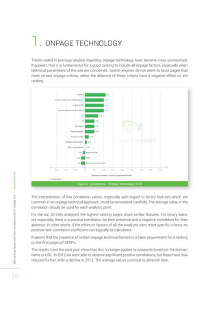 SEO ranking factors and Rank correlations 2014 - Google U.S. - Searchmetrics 
16 
1. ONPAGE TECHNOLOGY 
Trends noted in previous studies regarding onpage technology have become more pronounced. 
It appears that it is fundamental for a good ranking to include all onpage factors, especially when 
technical parameters of the site are concerned. Search engines do not seem to favor pages that 
meet certain onpage criteria; rather the absence of these criteria have a negative effect on the 
ranking. 
Figure 2: Correlations - Onpage Technology 2014 
The interpretation of low correlation values, especially with regard to binary features which are 
common in an onpage technical approach, must be considered carefully. The average value of the 
correlation should be used for each analysis point. 
For the top 30 sites analyzed, the highest ranking pages share similar features. For binary featu-res 
especially, there is a positive correlation for their presence and a negative correlation for their 
absence. In other words, if the either/or factors of all the analyzed sites meet specific criteria, no 
positive rank correlation coefficient can logically be calculated. 
It seems that the presence of certain onpage technical factors is a basic requirement for a ranking 
on the first pages of SERPs. 
The results from the past year show that this no longer applies to keywords based on the domain 
name or URL. In 2012 we were able to observe significant positive correlations, but these have now 
reduced further, after a decline in 2013. The average values continue to diminish here. 
 