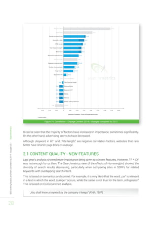 SEO ranking factors and Rank correlations 2014 - Google U.S. - Searchmetrics 
28 
Figure 16: Correlation - Onpage Content 2014 / changes compared to 2013 
It can be seen that the majority of factors have increased in importance, sometimes significantly. 
On the other hand, advertising seems to have decreased. 
Although „Keyword in H1“ and „Title length,“ are negative correlation factors, websites that rank 
better have shorter page titles on average. 
2.1 CONTENT QUALITY - NEW FEATURES 
Last year’s analysis showed more importance being given to content features. However, TF * IDF 
was not enough for us then. The Searchmetrics view of the effects of Hummingbird showed the 
diversity of search results decreasing, particularly when comparing sites in SERPs for related 
keywords with overlapping search intent. 
This is based on semantics and context. For example, it is very likely that the word „car“ is relevant 
in a text in which the word „bumper“ occurs, while the same is not true for the term „refrigerator.“ 
This is based on Co-Occurrence analysis. 
„You shall know a keyword by the company it keeps“ (Firth, 1957) 
 