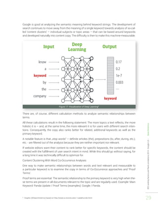 SEO ranking factors and Rank correlations 2014 - Google U.S. - Searchmetrics 
29 
Google is good at analyzing the semantic meaning behind keyword strings. The development of 
search continues to move away from the meaning of a single keyword towards analysis of so-cal-led 
‘content clusters’ – individual subjects or topic areas – that can be based around keywords 
and developed naturally into content copy. The difficulty is then to make this machine-measurable. 
Figure 17: Visualization of Deep Learning8 
There are, of course, different calculation methods to analyze semantic relationships between 
terms. 
All these calculations result in the following statement: The more topics a text reflects, the more 
holistic it is – and, at the same time, the more relevant it is for users with different search inten-tions. 
Consequently, the copy also ranks better for related, additional keywords as well as the 
primary keyword. 
A notable feature is that „stop words“ – definite articles (the), prepositions (to, after, during, etc.), 
etc. - are filtered out of the analysis because they are neither important nor relevant. 
If website editors want their content to rank better for specific keywords, the content should be 
created with the fulfillment of user search intent in mind. While this should go without saying, for 
a long time it was technically difficult to optimize for. 
Content Clustering With Word Co-Occurrence Analyses 
One way to make semantic relationships between words and text relevant and measurable to 
a particular keyword is to examine the copy in terms of Co-Occurrence approaches and ‘Proof 
Terms’. 
Proof terms are essential. The semantic relationship to the primary keyword is very high when the-se 
terms are present in all documents relevant to the topic and are regularly used. Example: Main 
Keyword: Panda Update / Proof Terms (examples): Google / Panda. 
9 Graphic (©Searchmetrics) based on http://www.cs.toronto.edu/~rsalakhu/isbi.html 
 