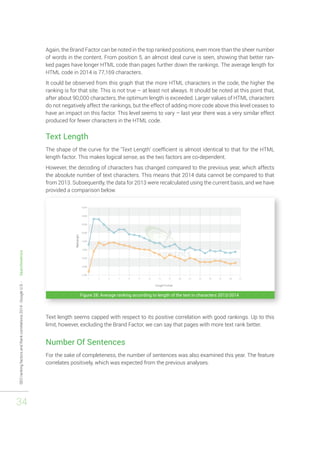 SEO ranking factors and Rank correlations 2014 - Google U.S. - Searchmetrics 
34 
Again, the Brand Factor can be noted in the top ranked positions, even more than the sheer number 
of words in the content. From position 5, an almost ideal curve is seen, showing that better ran-ked 
pages have longer HTML code than pages further down the rankings. The average length for 
HTML code in 2014 is 77,169 characters. 
It could be observed from this graph that the more HTML characters in the code, the higher the 
ranking is for that site. This is not true – at least not always. It should be noted at this point that, 
after about 90,000 characters, the optimum length is exceeded. Larger values of HTML characters 
do not negatively affect the rankings, but the effect of adding more code above this level ceases to 
have an impact on this factor. This level seems to vary – last year there was a very similar effect 
produced for fewer characters in the HTML code. 
Text Length 
The shape of the curve for the ‘Text Length’ coefficient is almost identical to that for the HTML 
length factor. This makes logical sense, as the two factors are co-dependent. 
However, the decoding of characters has changed compared to the previous year, which affects 
the absolute number of text characters. This means that 2014 data cannot be compared to that 
from 2013. Subsequently, the data for 2013 were recalculated using the current basis, and we have 
provided a comparison below. 
Figure 28: Average ranking according to length of the text in characters 2013/2014 
Text length seems capped with respect to its positive correlation with good rankings. Up to this 
limit, however, excluding the Brand Factor, we can say that pages with more text rank better. 
Number Of Sentences 
For the sake of completeness, the number of sentences was also examined this year. The feature 
correlates positively, which was expected from the previous analyses. 
 